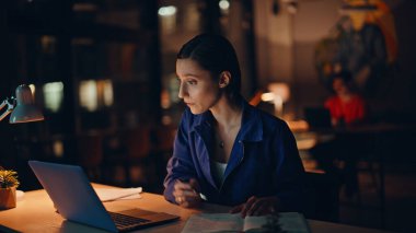 İşletme müdürü gece geç saatlerde lamba ışığında video konferansında yakınıyor. Sorunlu iş kadını internette bilgisayarını kapatırken hayal kırıklığına uğradı. Stresli girişimci sinir bozucu sanal sohbeti bitirdi