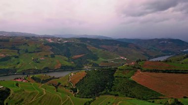 Calm river flowing between beautiful green fields aerial view. Vast terraced hills shape dramatic countryside scene. Agricultural land spreading to entire horizon. Picturesque cloudy rural landscape.