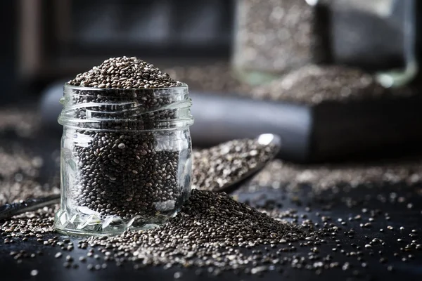 Chia Seeds Glass Jar Dark Background Selective Focus — Stock Photo, Image