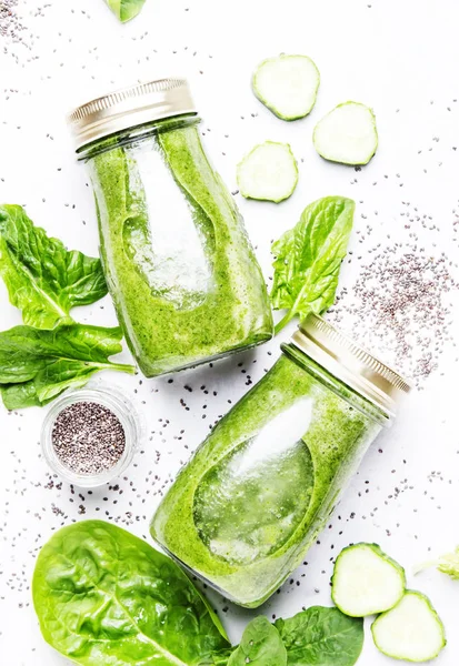 Green Smoothies Spinach Cucumber Chia Seeds Light Background Top View — Stock Photo, Image