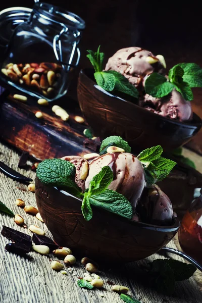 Chocolate Ice Cream Nuts Bowls Old Wooden Background Selective Focus — Stock Photo, Image