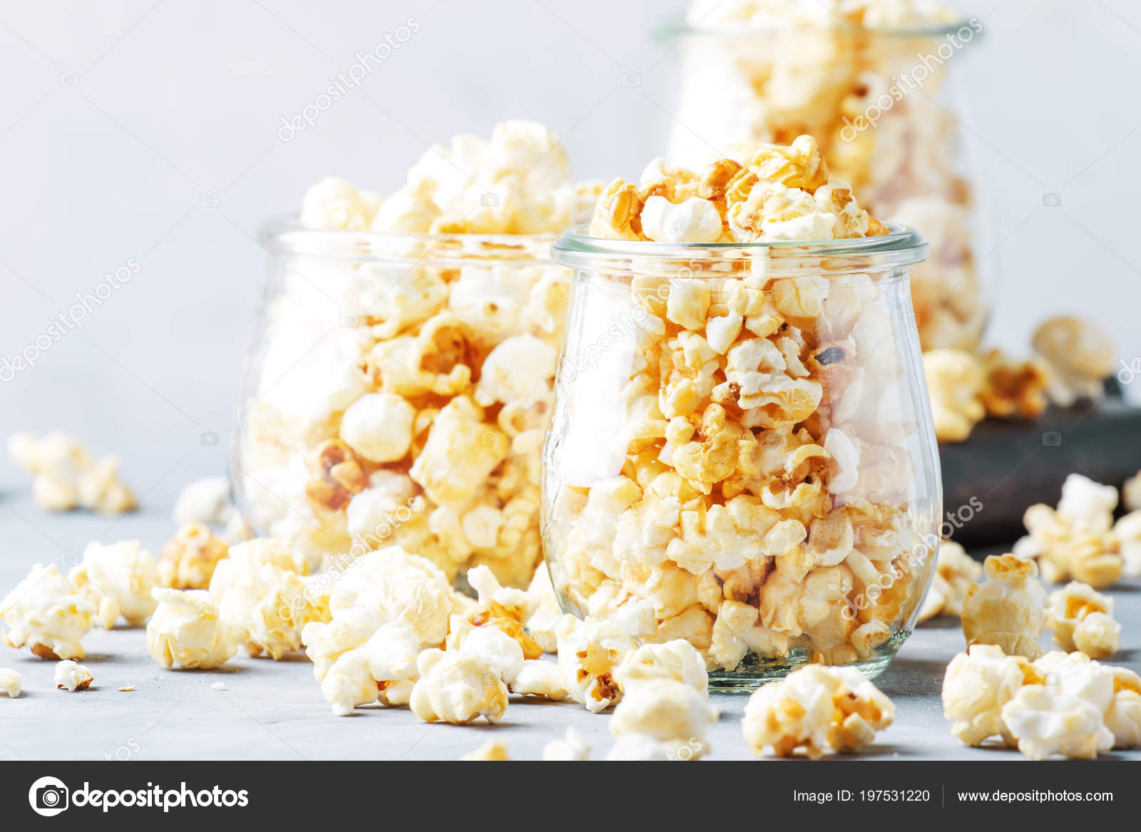 Sweet Popcorn Junk Food Gray Background Selective Focus Stock Photo by