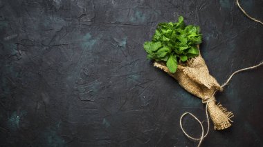 Taze çayır nane bir ışın, koyu arka plan, üstten görünüm