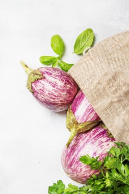 Taze mor çizgili Poğaca bir tuval çantası, dereotu ve maydanoz, üstten görünüm