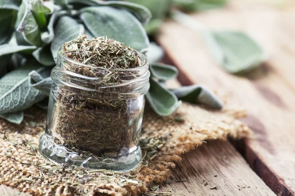 Dried Fresh Sage Rustic Style Vintage Wooden Background Selective Focus — Stock Photo, Image