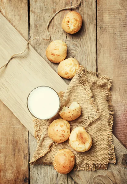 Latte Focacce Fatte Casa Stile Rustico Fondo Legno Vintage Vista — Foto Stock