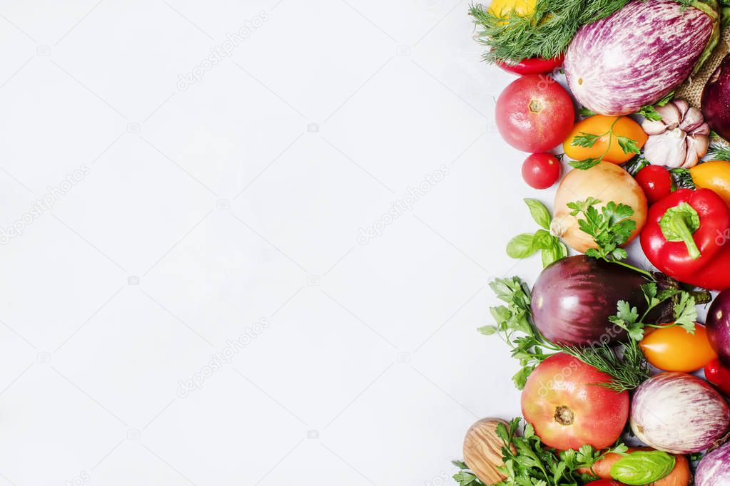 Food background, vegetarian concept, fresh vegetables and herbs, top view