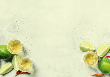Altın Meksika tekila limon ve tuz, beyaz içki arka plan, üstten görünüm