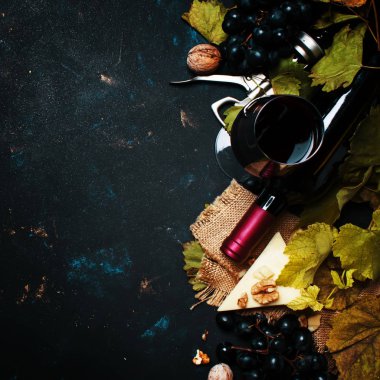 Kırmızı şarap kadehinin üzüm çeşitleri cabernet sauvignon, gelen iç arka plan, üstten görünüm