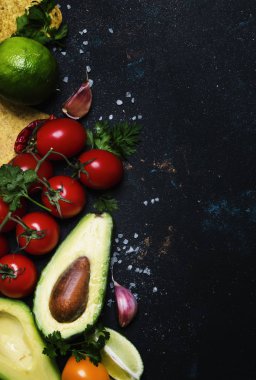 Teksas-Meksika kavramı, Nachos, Guacamole, Salsa sos, gıda arka plan, üstten görünüm