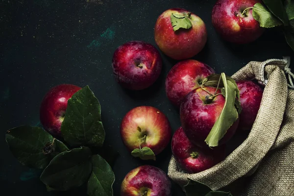 Manzanas Rojas Cosecha Otoño Fondo Alimenticio Vista Superior — Foto de Stock