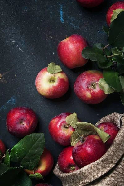 Manzanas Rojas Cosecha Otoño Fondo Alimenticio Vista Superior — Foto de Stock