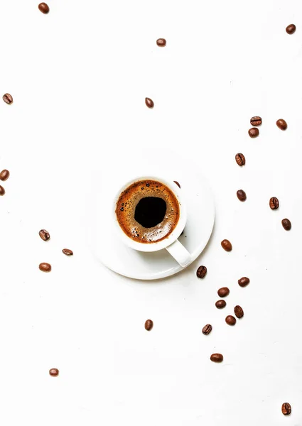 White Cup Black Coffee Espresso Foam White Background Top View — Stock Photo, Image