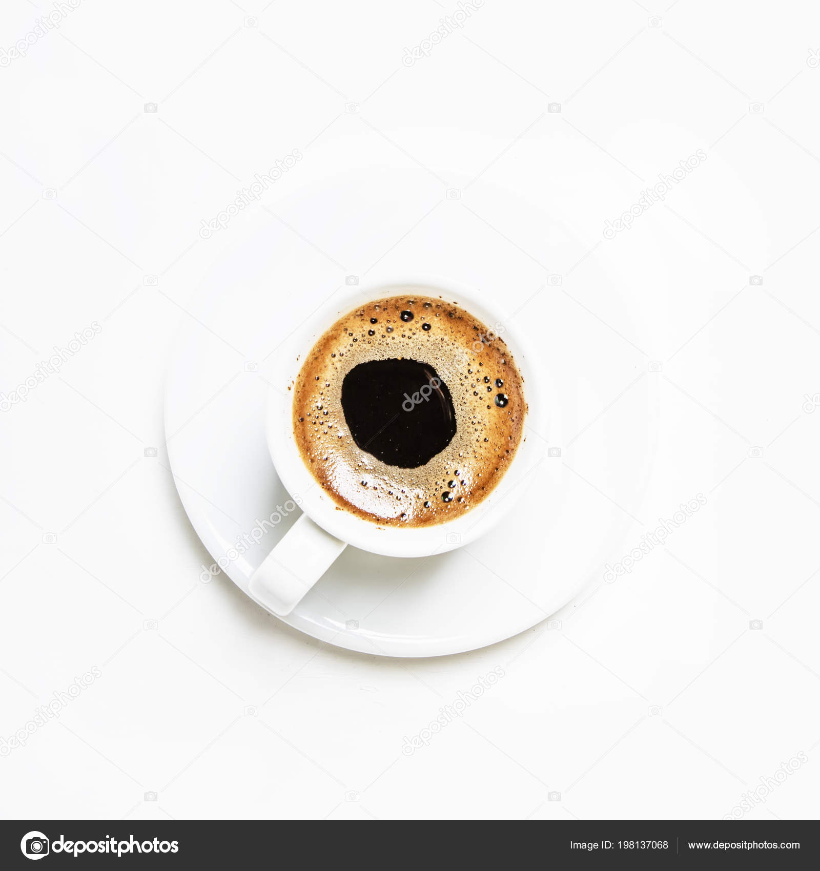 White Cup Black Coffee Espresso Foam White Background Top View