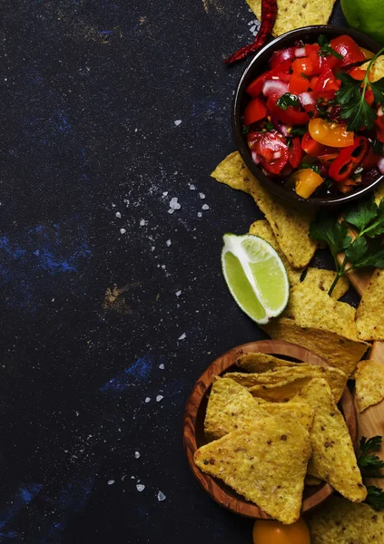 Tex Mex Koncepció Nachos Salsa Mártással Élelmiszer Háttér Felülnézet — Stock Fotó
