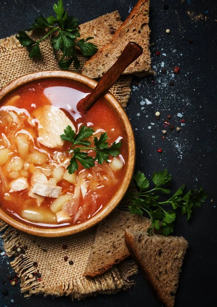 Russian Meat Solyanka Soup In Wooden Bowl, Top View — Stock Image Russian Meat Solyanka Soup Wooden Bowl Top View Royalty Free Stock Images