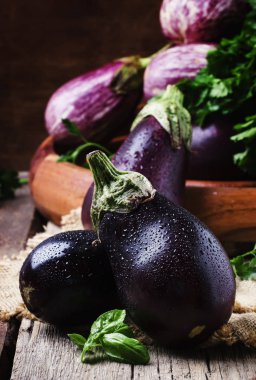 Taze patlıcan, rustik tarzı, vintage ahşap arka plan, seçici odak