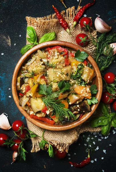 Hausgemachte Auberginen Mit Gemüse Und Tomaten Glas Von Oben — Stockfoto