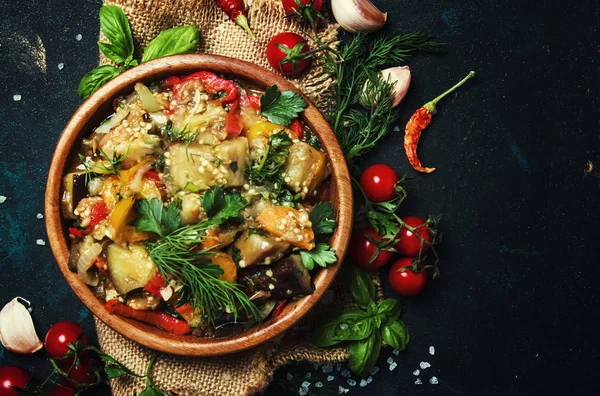 Berenjena Guisada Casera Con Verduras Tomates Frasco Vidrio Vista Superior — Foto de Stock