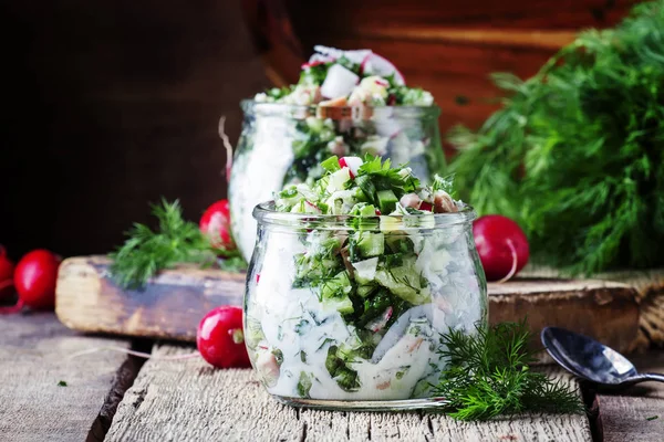 Summer Cold Soup Vegetables Herbs Yogurt Glass Jars Rustic Style — Stock Photo, Image