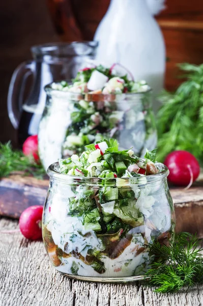 Sopa Fria Verão Com Legumes Ervas Iogurte Frascos Vidro Estilo — Fotografia de Stock