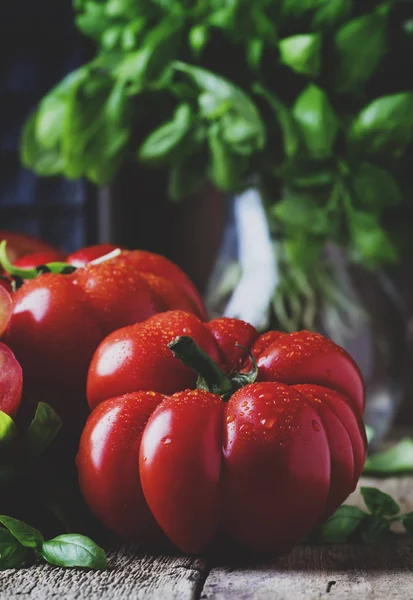 Big Red Tomatoes Green Basil Leaves Old Wooden Background Selective — Stock Photo, Image