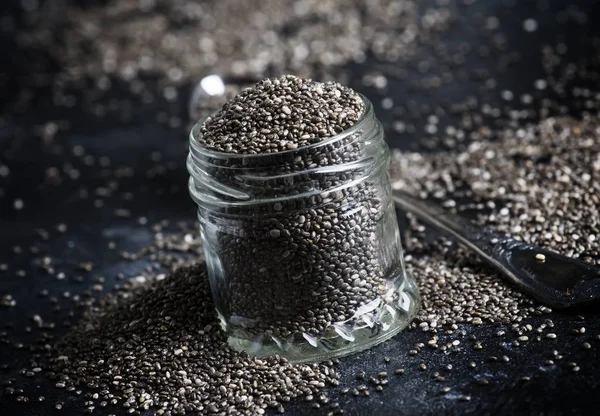 Chia Seeds Small Glass Jar Gray Background Selective Focus — Stock Photo, Image