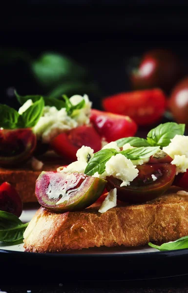 意大利脆烤 Bruschetta 与黑色和棕色樱桃西红柿 蓝色奶酪和罗勒 选择性聚焦 — 图库照片