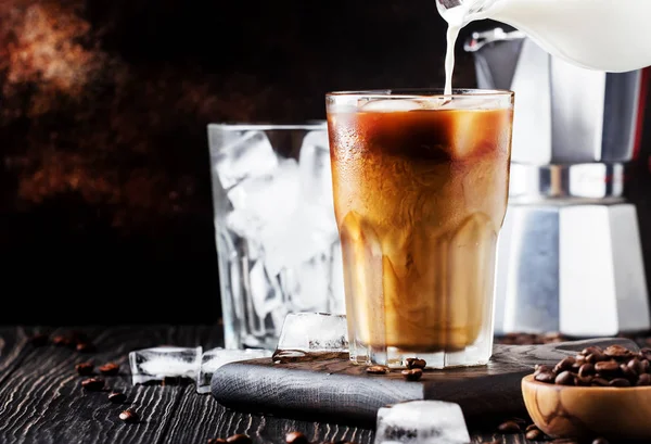 Summer Cold Coffee Ice Milk Brown Background Selective Focus Shallow — Stock Photo, Image
