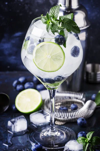 Summer Alcoholic Cocktail Blueberry Mojito Rum Mint Lime Ice Bar — Stock Photo, Image