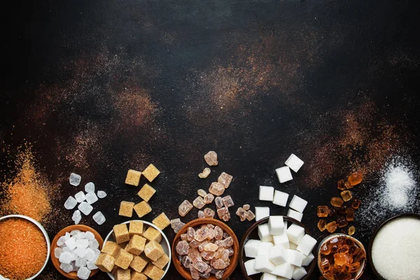 Set Different White Brown Sugar Assortment Dark Background — Stock Photo, Image