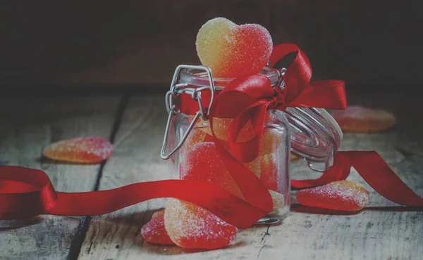 Fruit Jelly Hearts Glass Jar Tied Red Silk Ribbon Valentine — Stock Photo, Image