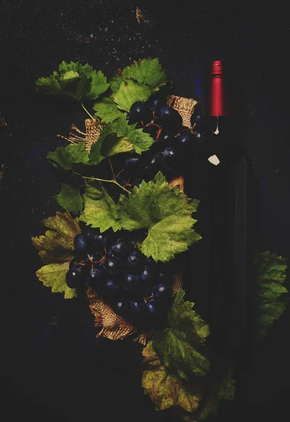Rode Wijn Fles Druiven Tafel — Stockfoto