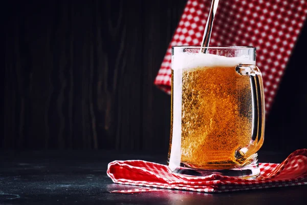 Two Glasses German Light Beer Beer Poured Mug Dark Bar — Stock Photo, Image