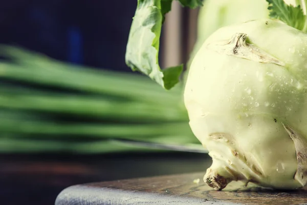 Green Kohlrabi Cabbage Autumn Harvest Brown Table Selective Focus — Stock Photo, Image