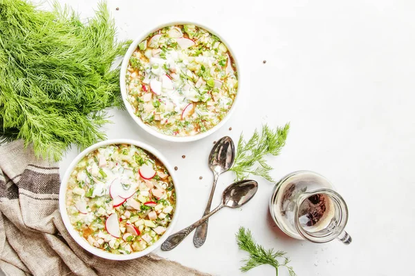 Kaldsuppe Sommeren Med Grønnsaker Urter Kjøttprodukter Hvit Bakgrunn Sett Ovenfra – stockfoto