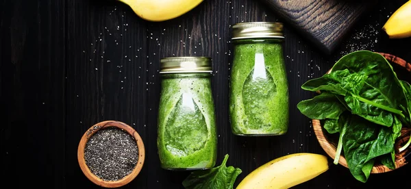 Incredibly Useful Green Spinach Smoothies Glass Bottles Chia Wooden Background — Stock Photo, Image