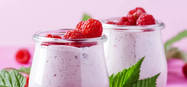 Raspberry Smoothie Glass Jars Fresh Berry Greek Yogurt Pink Stone — Stock Photo, Image