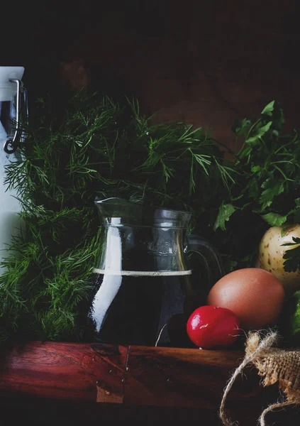 Ingredientes Para Sopa Fría Con Verduras Hierbas Productos Cárnicos Mesa — Foto de Stock