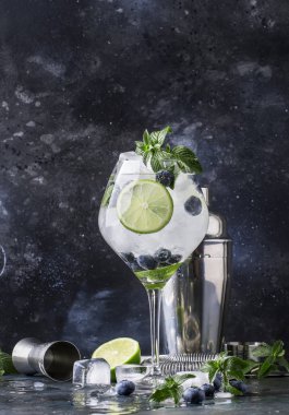 Yaz alkollü kokteyl böğürtlenli mojito ROM, yeşil nane, limon ve araçları, sayaç, seçici odak gri bar kırılmış buz