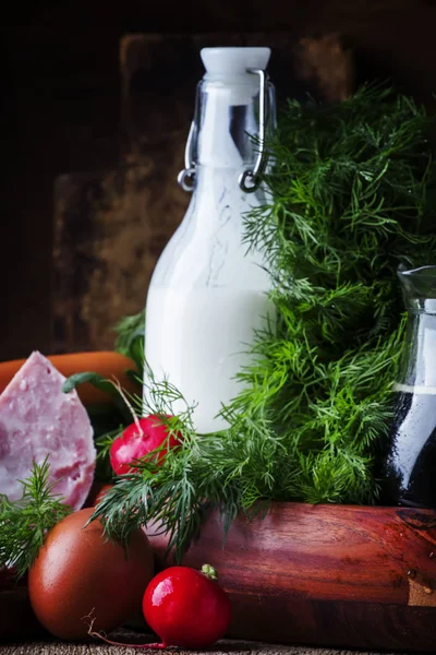 Ingredientes Para Sopa Fría Con Verduras Hierbas Productos Cárnicos Mesa — Foto de Stock