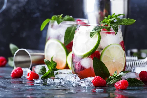 Summer cool alcoholic cocktail raspberry mojito cocktail with lime, syrup, soda, rum, mint and crushed ice. Steel bar tools, gray bar counter, selective focus