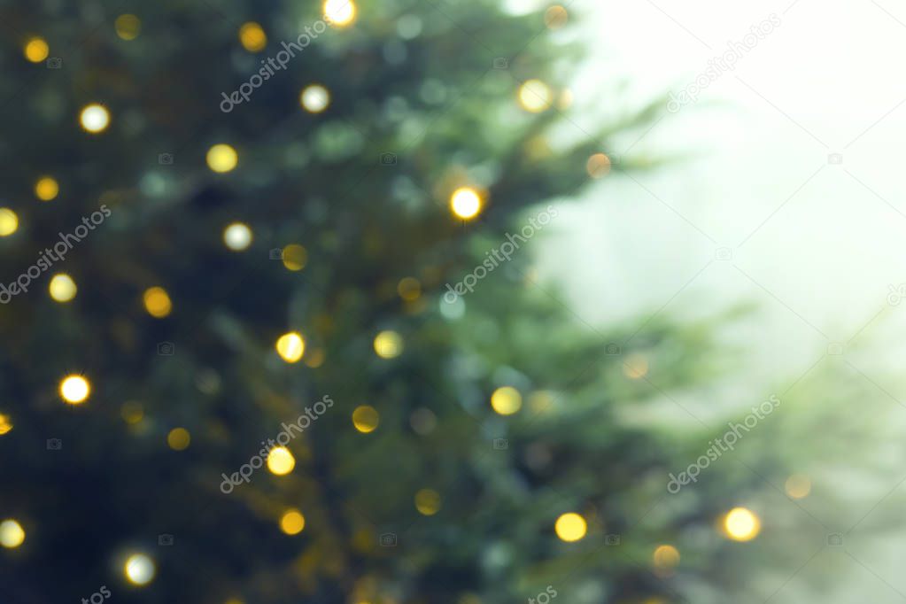 New Year or Christmas blurred background with Christmas tree and colorful bokeh lights