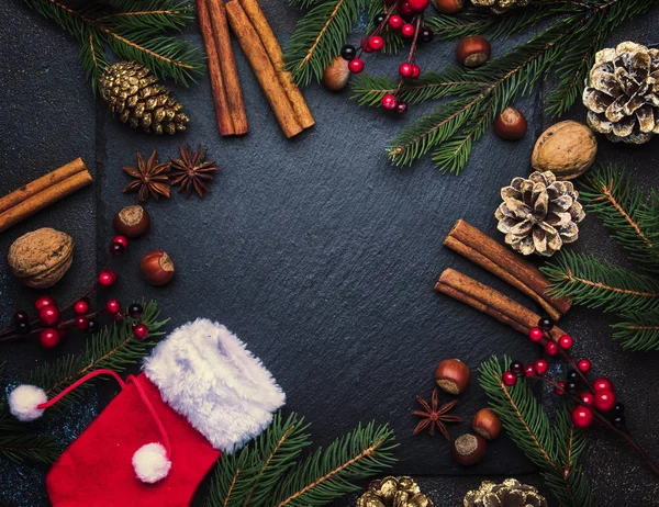Noel ve yeni yıl koyu arka plan, çerçeve, şablonla Festival süsleri, kış baharat ve Noel süsleri, fındık ve çam dalları, üstten görünüm
