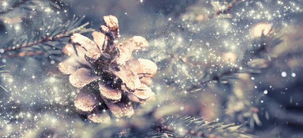Weihnachten Oder Neujahr Verschwommener Schneehintergrund Mit Festlichem Tannenbaum Und Tannenzapfen — Stockfoto