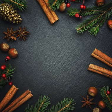 Noel ve yeni yıl koyu arka plan, çerçeve, şablonla Festival süsleri, kış baharat ve Noel süsleri, fındık ve çam dalları, üstten görünüm
