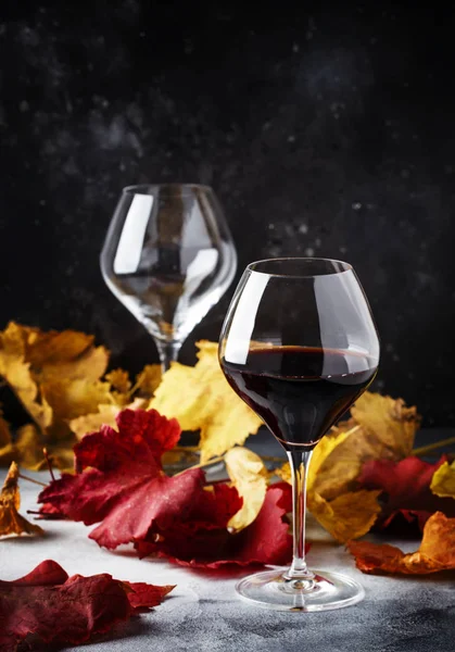 Vino Rosso Secco Grande Bicchiere Natura Morta Autunnale Con Foglie — Foto Stock