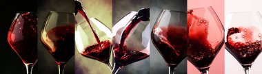 Red wine, alcohol collection in glasses. Wine tasting. Drink background. Close-up, Photo collage clipart