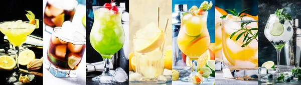 Alcoholic cocktails with strong drinks, soda, berries and fruit in assortment. Close-up. Photo collage