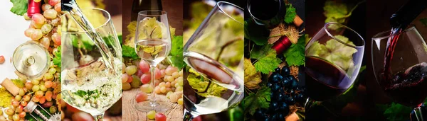 Bardaklarda kırmızı ve beyaz şarap, alkol koleksiyonu. Şarap tadımı. Rustik tarzı. Fotoğraf kolaj